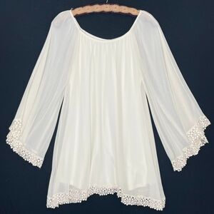 2tee Couture Ivory Sheer Lace Dress Bell Ruffle Sleeves Boho Chic Romantic Sz M